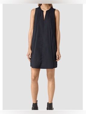 All Saints Sleeveless Poplin V Neck Bea Dress US 8 Black Cotton Pleated Classic
